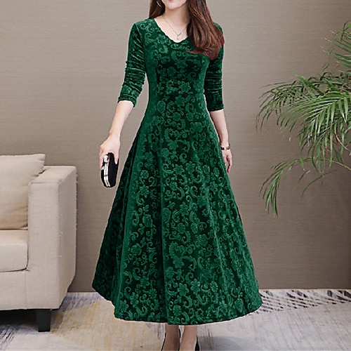 Per donna Abito Midi Abito in Velluto Vestito da Festa Vestito a ruota Abito verde smeraldo Elegante Moda Romantico Abito Invernale Vacanza Ospite di nozze Taglia piccola Floreale Manica Lunga Scollo