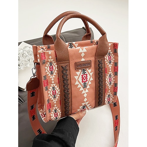 borsa tote da donna con stampa etnica boho – borsa in tela di ispirazione vintage con dettagli in pelle, ideale per uscite informali e per l'uso quotidiano