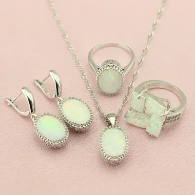 WPAITKYS Trendy Oval Weiß Opal Silber Farbe frauen Hochzeit Schmuck-Sets Ohrringe Anhänger Halskette