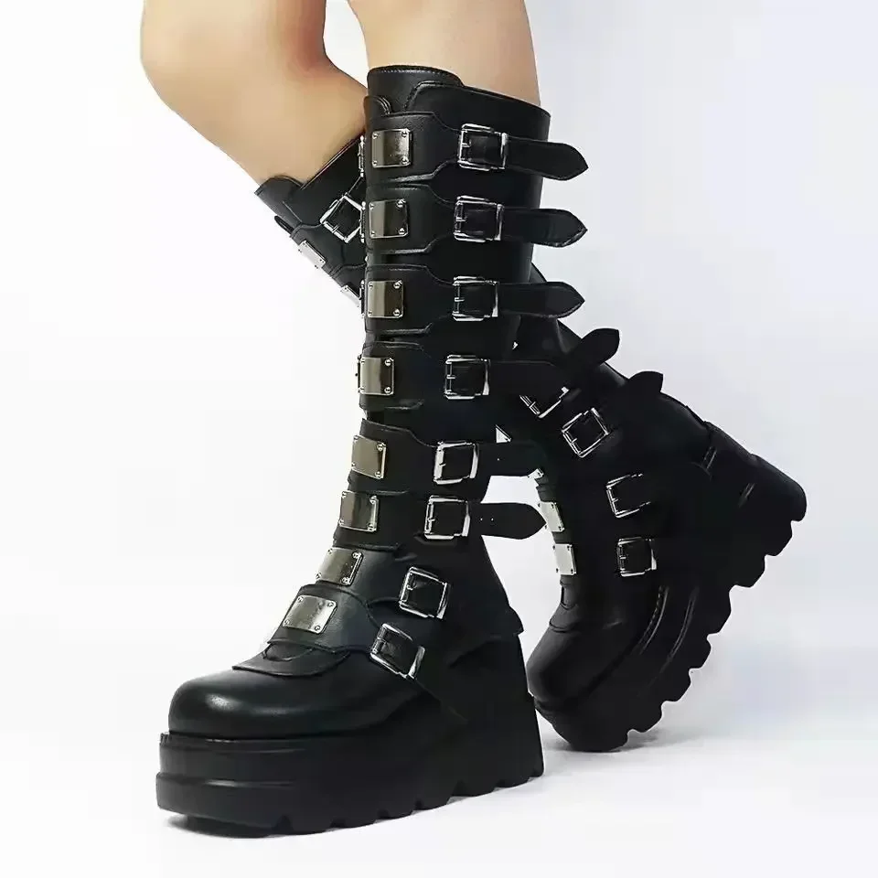 Gothic Schuhe Plattform Kniehohe Punk Schwarz Sexy Motorräder 2023 Neue Halloween Cosplay 2024 Schuhe für Frauen Zapatos De Mujer