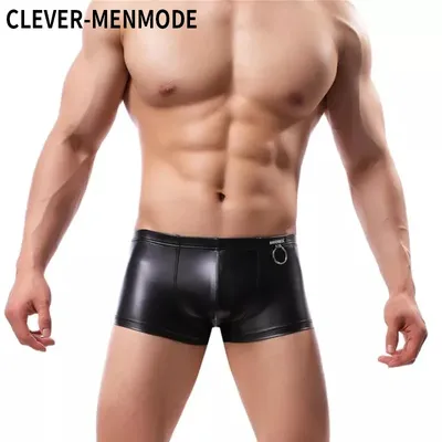 CLEVER-MENMODE Sexy Männer Boxer Mens Faux leder Unterwäsche Unterhose Penis Pouch PU Boxer homem