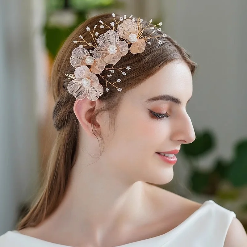 Seide Stoff Blume Stirnband Girlanden elegante Perle Haarband Kopf Frauen Haarschmuck Braut Hochzeit Kopf bedeckungen Image