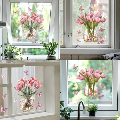 1 Stück rosa Vase Tulpe Schmetterling Glasfenster Home Decoration elektro statische UV-Fenster Image