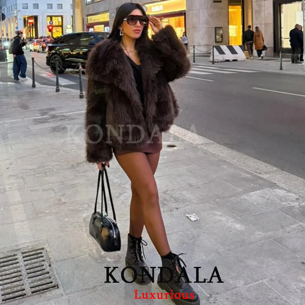 KONDALA Casual Braun Dickes Fell Jacken Frauen Langarm V-ausschnitt Herbst Winter Faux Pelz Mäntel Mode 2025, Streetwear Outwears