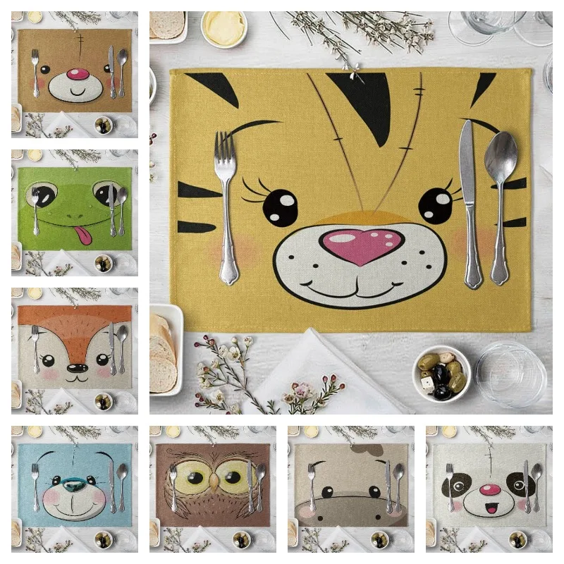 1PC/4PC/6PC Nette Tier Leinen Tisch Matte Cartoon Schwein Bär Frosch Fuchs muster Tischsets für Kinder Kinder Küche Esszimmer Tischsets Image