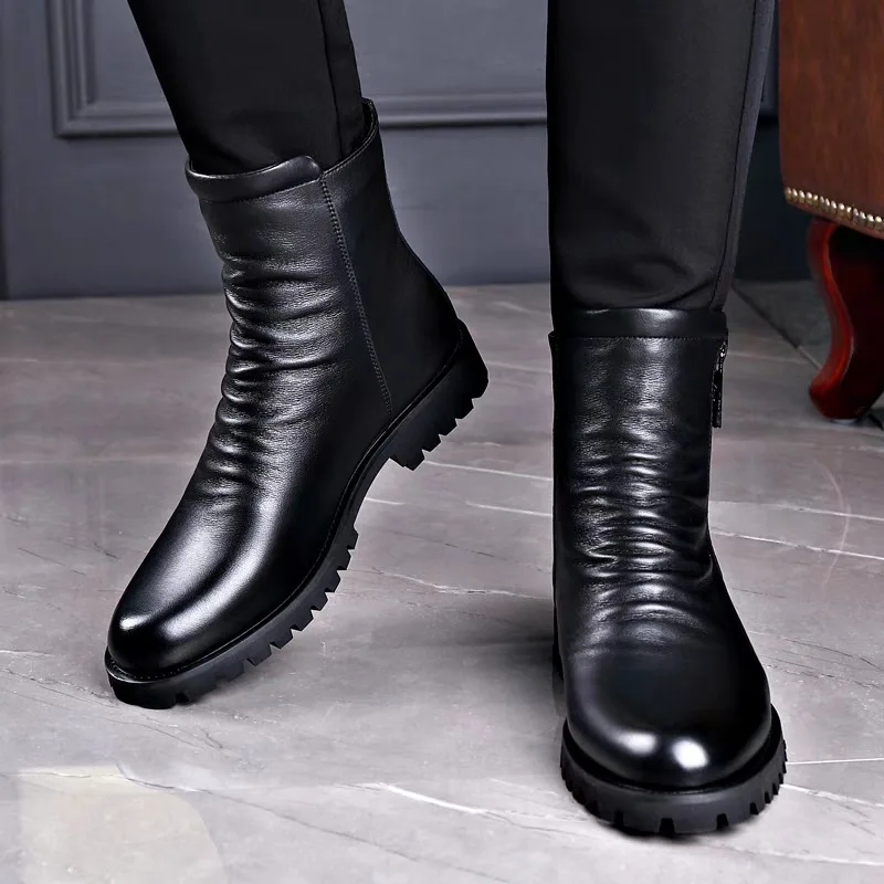 England-Stil Männer lässige Chelsea-Stiefel schwarz trendige echte Lederschuhe Markendesigner Herbst Winter Boot hohe Motorrad Bota