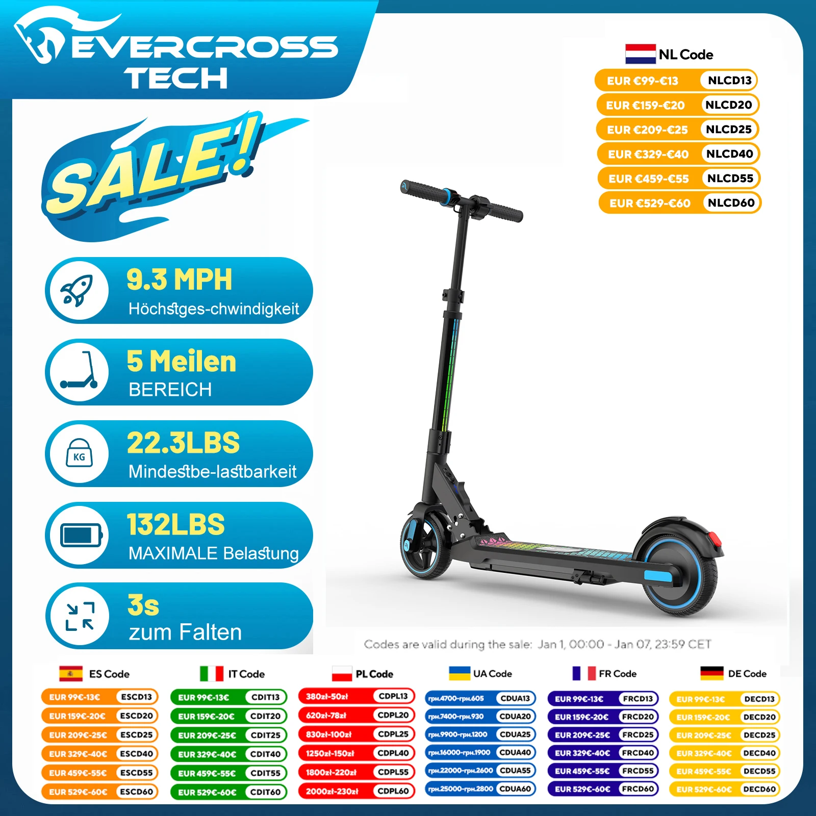 EVERCROSS TECH EV06C Elektro-Scooter für Kinder, Klappbar 6,5'', Max. 15 KM/H, LED-Anzeige, Bunte Lichter, Leichter E-Scooter für Kinder von 6 bis 12 Jahren Image
