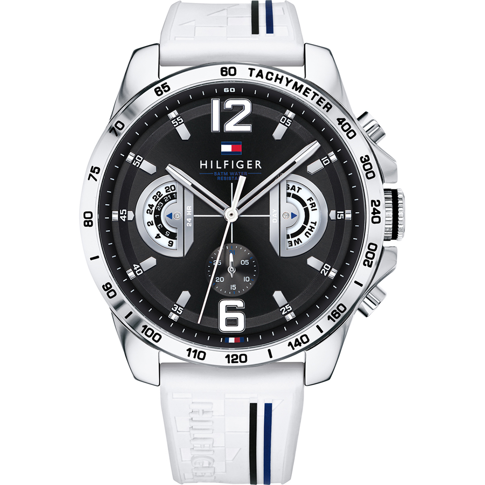 Stylische Herrenuhr von der Marke Tommy Hilfiger. Die Uhr hat ein Kautschukarmband, das auch kleiner gemacht werden kann, das Gehäuse hat einen