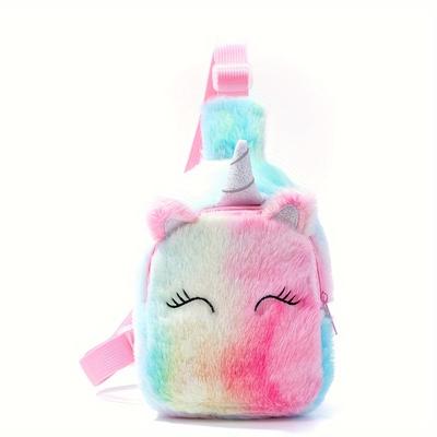 TEMU 1pc Girl's Unicorn Tie-dye Colorful Cartoon Chest Bag, Shoulder Crossbody Bag, Cute Small Plush Sling Bag