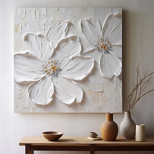 handgemachtes handgemaltes Ölgemälde 3D große weiße Blume Ölgemälde auf Leinwand Original Acrylgemälde schweres Strukturgemälde abstrakte Landschaft Wandkunst florale Wanddekoration Image