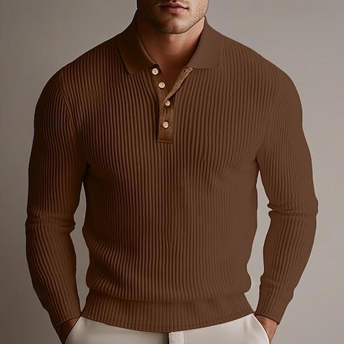 Herren Rippstrick-Oberteil Golf Poloshirts Formal Arbeit Gerippter Polokragen Langarm Warm Basic Feste Farbe Knopf Frühling Herbst Dunkelbraun Wein Rippstrick-Oberteil