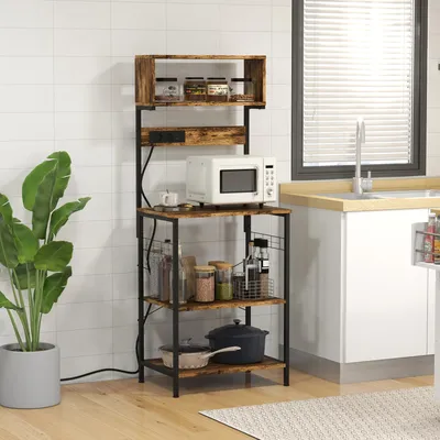 Homcom Baker's Rack with Power Outlet, USB Charger, Microwave Stand, Brown