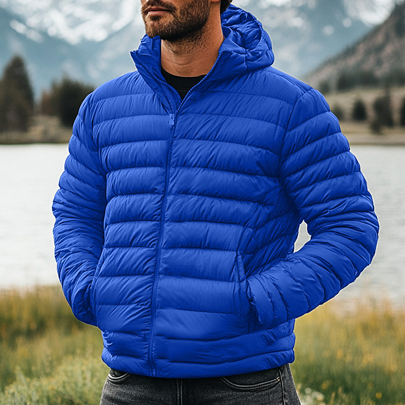 Men's Winter Coat Down Jacket Puffer Jacket Zipper Pocket Outdoor Home Work Regular Classic Thermal Warm Windproof Breathable Winter Autumn / Fall Solid Color Wine Matte Black Royal Blue Blue Puffer