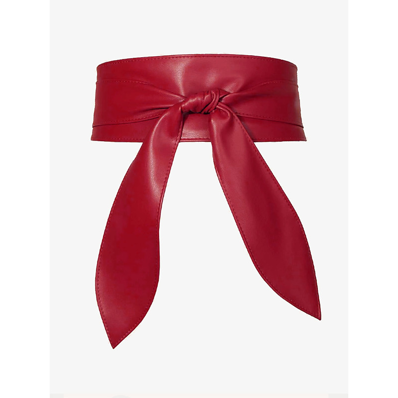 Women's Wide Red Faux Leather Obi Belt – Elegant Waist Cincher with Tie Knot Design for Dresses and Outerwear