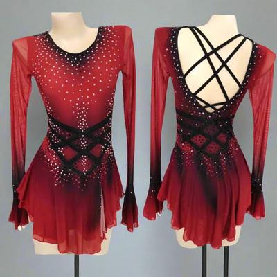 Figure Skating Dress Women's Girls' Ice Skating Dress Red to Black High Elasticity Training Competition Skating Wear Classic Crystal / Rhinestone Long Sleeve Ice Skating Figure Skating