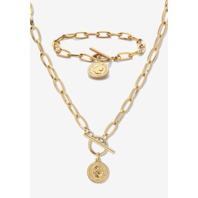 Women's 2 Piece Cable Link Coin Necklace Set Gold Ion Plated Stainless Steel by PalmBeach Jewelry in Gold