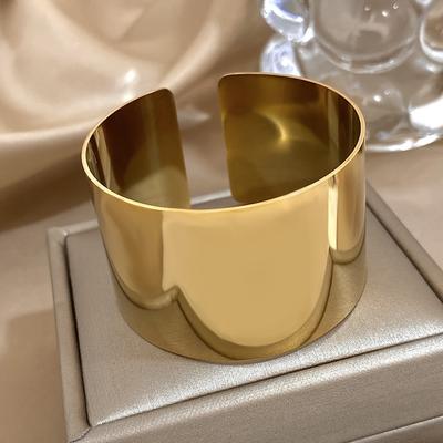 TEMU 14k Gold Plated Stainless Steel Wide Hinged Cuff Bracelet, Fashion Chunky Bangle For Women And Men, Jewelry