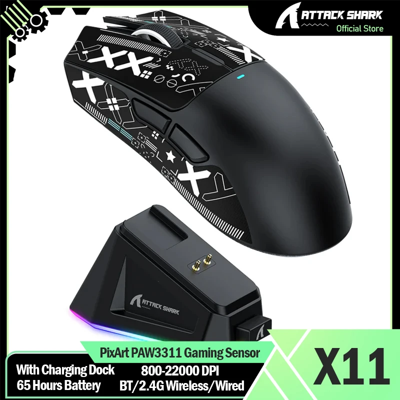 ATTACK SHARK X11 Kabellose Gaming-Maus mit Ladestation PixArt PAW3311 Gaming-Sensor, BT/2,4 G kabellos/kabelgebunden Image