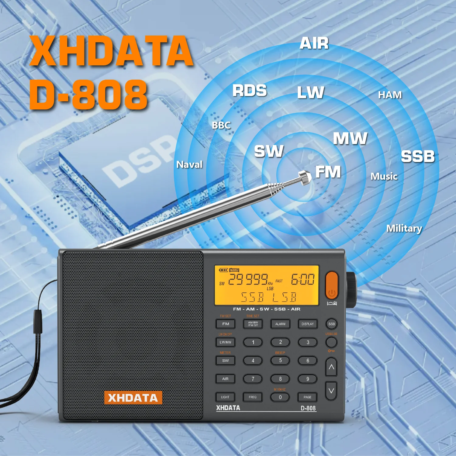 XHDATA D-808 AM/FM/SW/MW SSB AIR RDS Radio portatile a banda intera con ricevitore radio ricaricabile stereo multifunzione a suono profondo