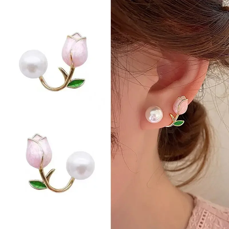 Huitan frische Rose Ohr stecker mit Imitation Perle süße rosa Rose Ohrringe exquisite neue Accessoires für Frauen trend igen Schmuck