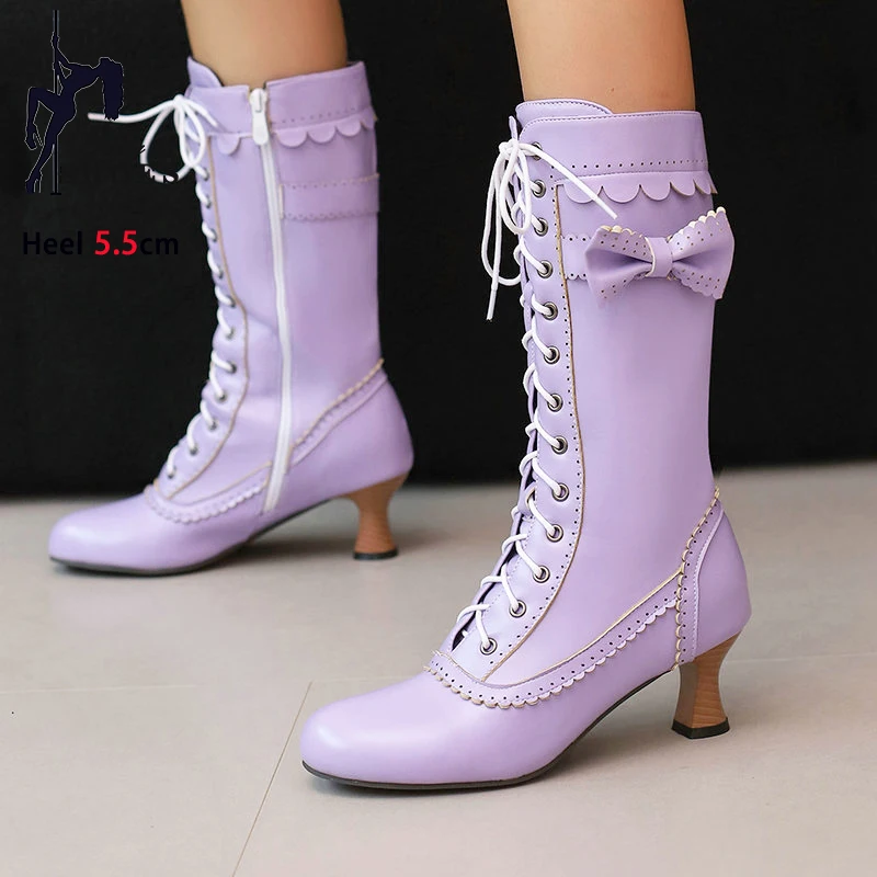 Lolita hohe stiefel cosplay prinzessin schuhe mit bowkont 2024 herbst winter kniehohe lange stiefel süße frauen high heels größe 34-46