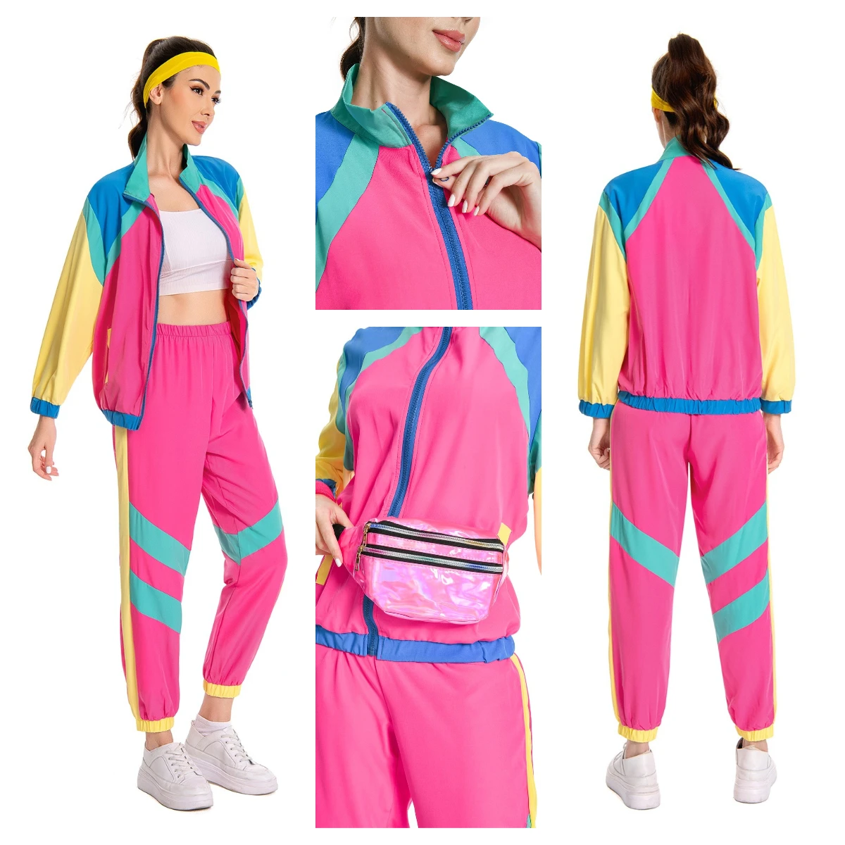 Retro Disco 80er 90er Jahre Sportbekleidung Kostüme Halloween Damen Mode Hippie Kostüm Party Erwachsene Dress Up Hip Hop Jacke Mantel Hose