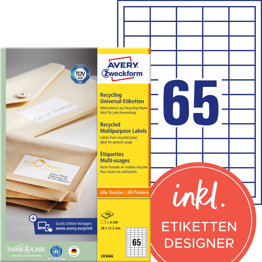 Avery Zweckform LR3666 Recycling Universal-Etiketten, A4, 38 x 21,2 mm, 100 Bogen/6.500 Etiketten, naturweiß Image