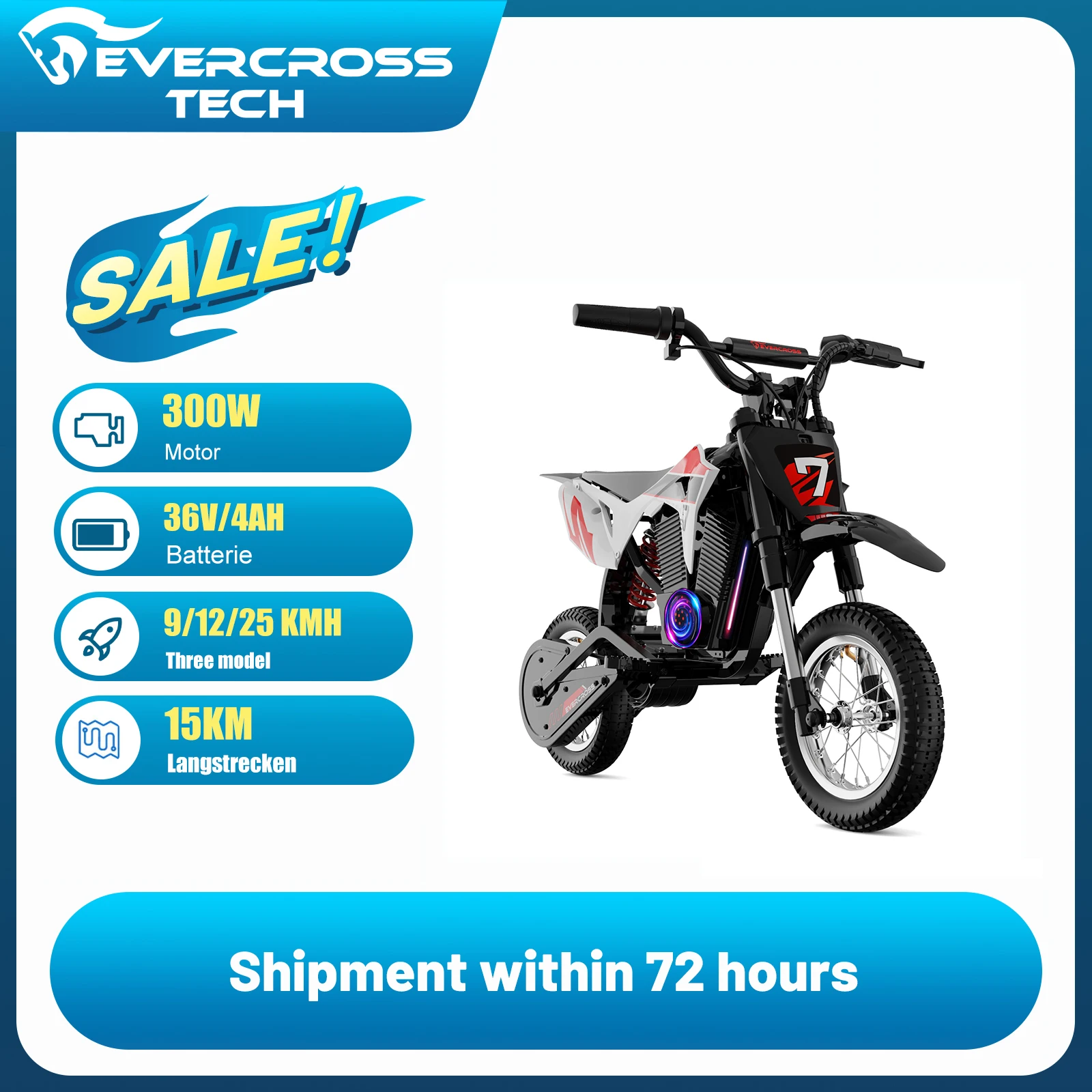 Moto Elettrica per Bambini EVERCROSS TECH EV12M Pro - 300W, 25 km/h, 15 km di Autonomia, Bluetooth e LED, Pneumatici 12