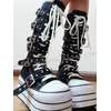 Gürtelschnallen Nieten Sneaker Stiefel Kniehohe Plattform Runde Kappe Dicker Boden Schnürsport Mode Neuheit Damenschuhe Neueste