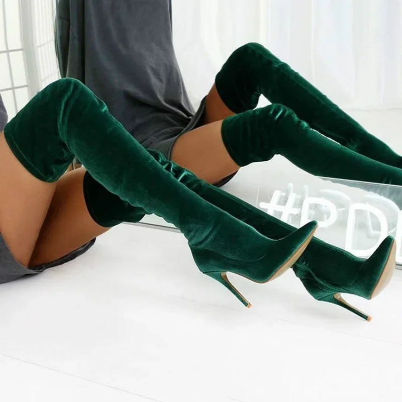 Damenstiefel, grüne Farbe, Overknee-Stiefel, modische Persönlichkeit, Stiletto, elastischer seitlicher Reißverschluss, lange Stiefel, große Größe 34–43