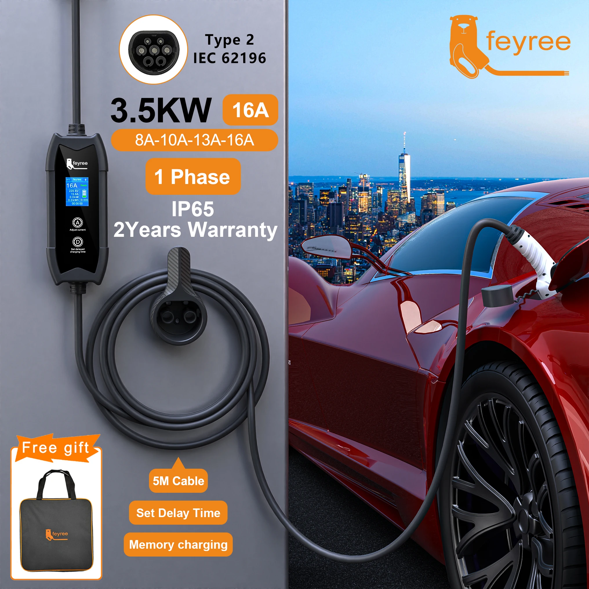 Feyree EV-Ladegerät Typ2 3,5 kW 16 A tragbare Ladebox-Set Strom und eingestellte Verzögerungszeit 5 m Kabel für Elektrofahrzeug-Autoladegerät Image