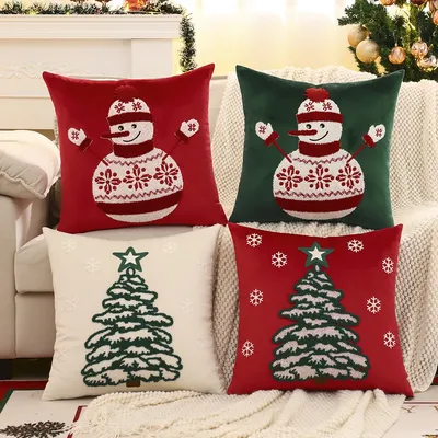 1PC Weihnachtsbaum Dekokissenbezug Samt Stickerei Schneemann Weihnachtsdekoration Wohnzimmer Image