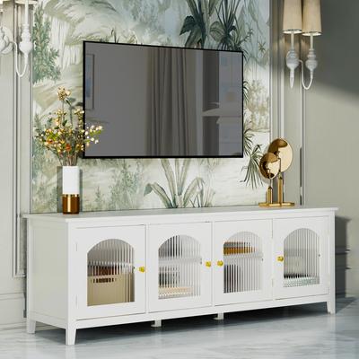71 Inch Entertainment TV Cabinet Media Glass Door for Living Room, Metal Pulls, Antique Green, Antique Blue, Antique White