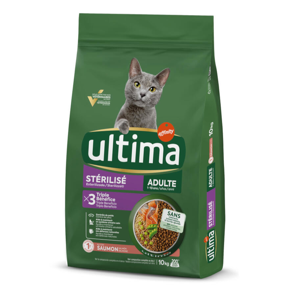 1,5 kg gratis! 7,5 kg / 10 kg Ultima Cat Crocchette per gatti - (8,5 + 1,5 kg) Sterilized Adult Salmone