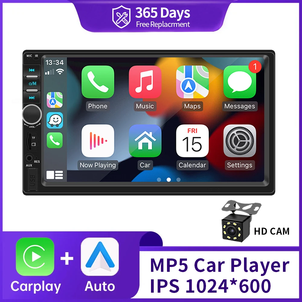 Autoradio universel 7 pouces 2 Din CarPlay Android Auto, lecteur vidéo multimédia, Autoradio 2din stéréo, Bluetooth, USB, écran tactile TF