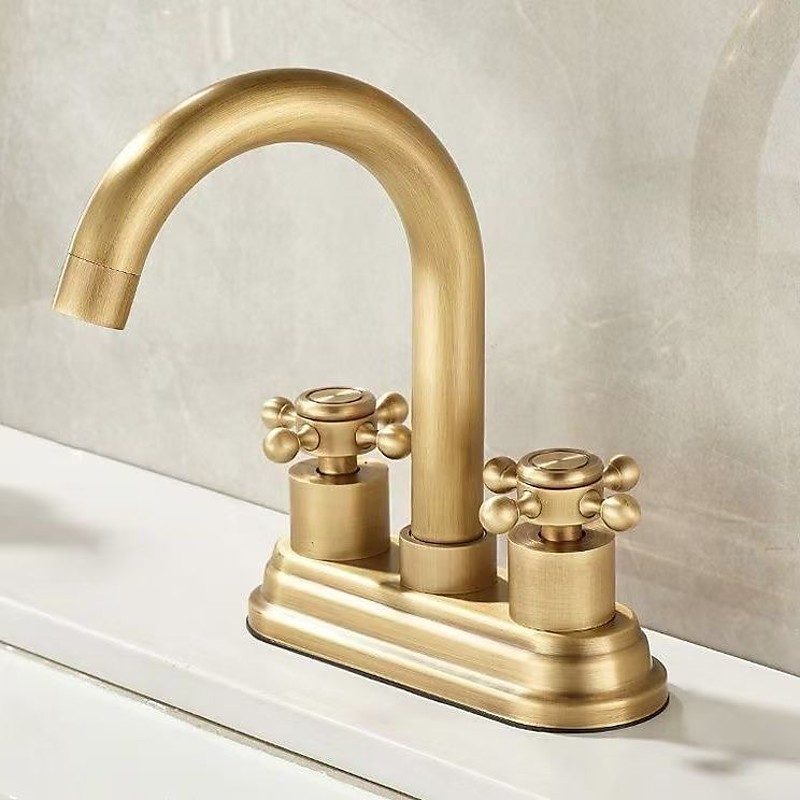 2 Holes Modern Hot and Cold Mixed Brushed Gold Deck Mount Centerset 4 inch Bathroom Vanity Double Lever Handles Retro tap