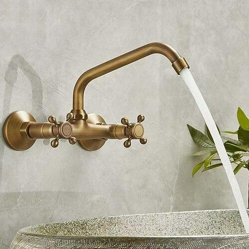 Waschbecken Mischbatterie Wandmontage verdeckte Badezimmer Waschbecken Wasserhahn gebürstet Retro Messing Antiquefaucet golden weit verbreitet Wandmontage