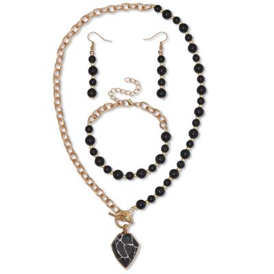 Women's Genuine Black Howlite and Onyx Goldtone Beaded Necklace Set 18-inch by PalmBeach Jewelry in Black