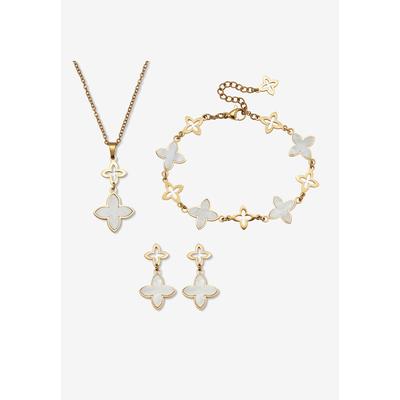 Women's Genuine Mother Of Pearl Gold Ion-Plated Stainless Steel Clover Jewelry Set by PalmBeach Jewelry in Pearl