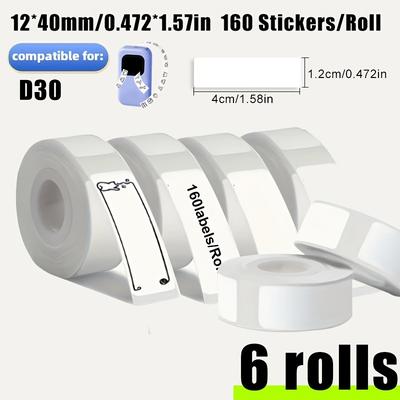 TEMU 6 Rolls Of 160 Sheets/volume White, Self-adhesive Stickers, Black Letters On White Background, 3/8 Inch * 11/2 Inch 12mm * 40mm, Compatible With D30 Stickers, Suitable For Home, Office, School Image
