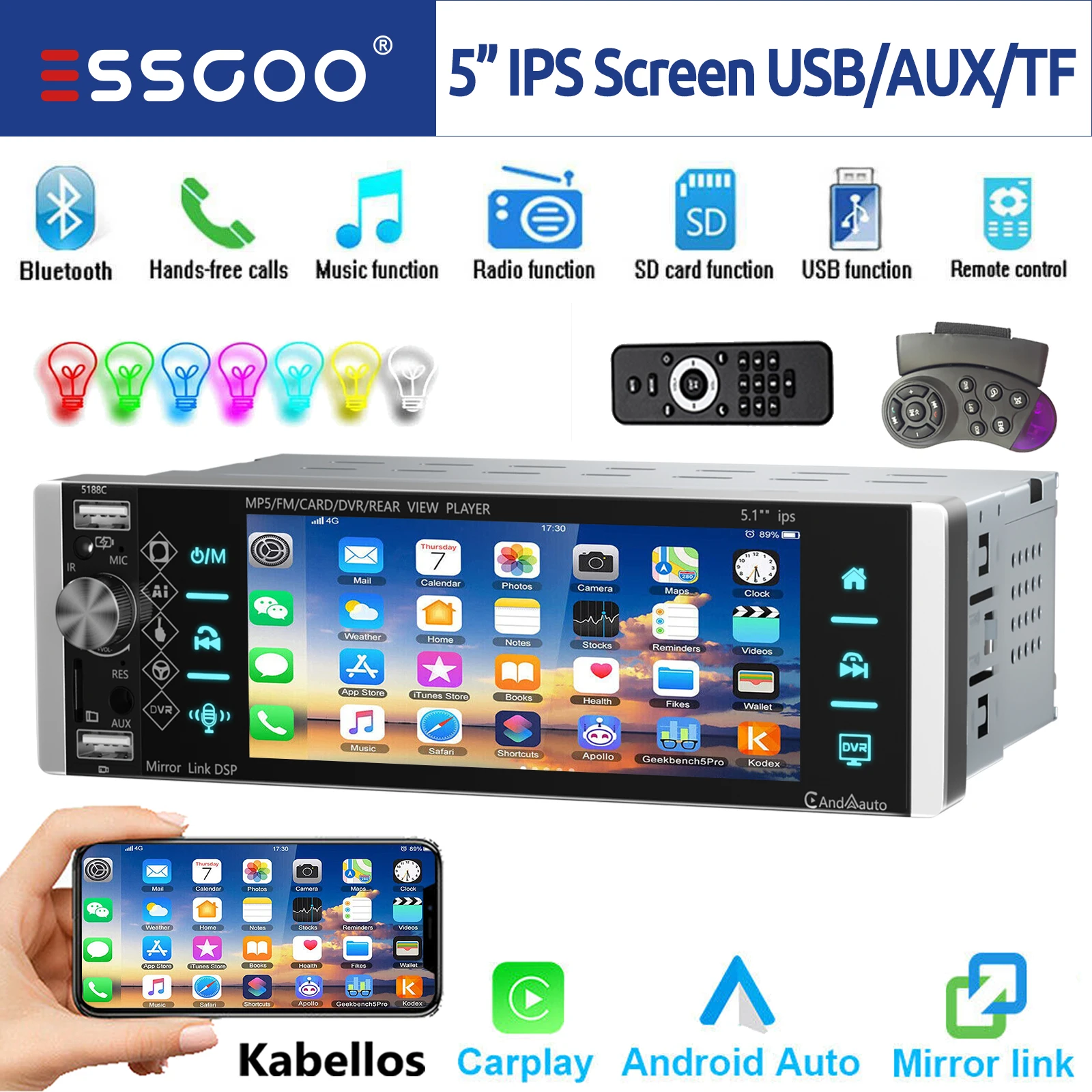 ESSGOO Autoradio Singolo 1 DIN Wireless Apple Carplay Android Auto 5" HD ISP Schermo Tattile Bluetooth USB AUX-IN TF FM EQ Mirror Link
