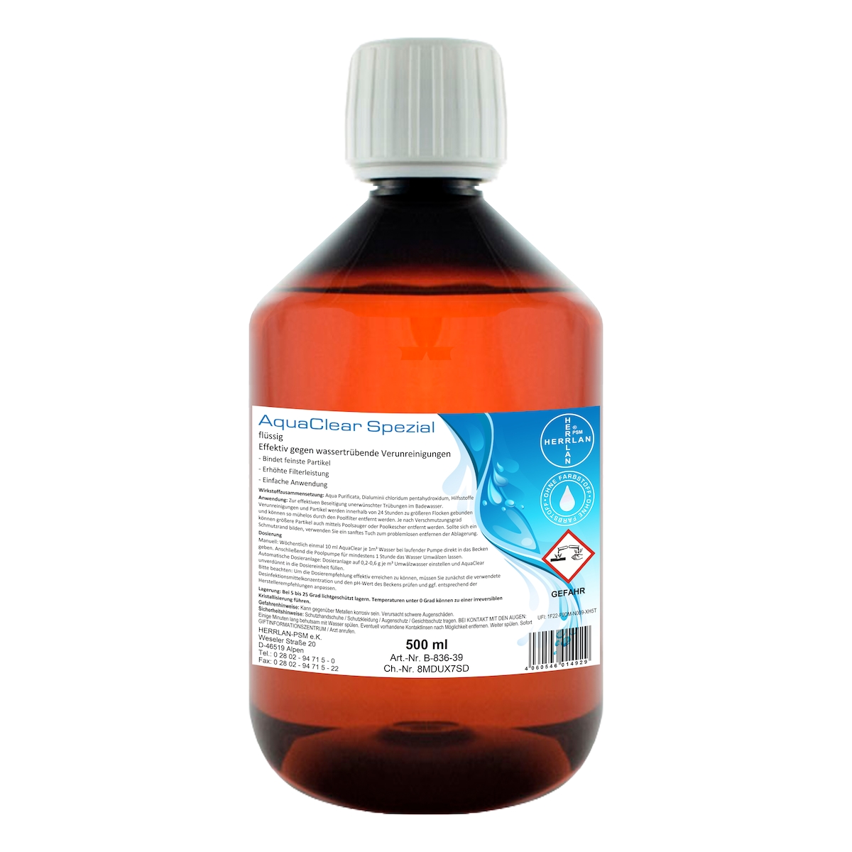 HERRLAN AquaClear flüssig 500 ml KristallKlar Anti Trübung Pool Wasseraufbereitung Für alle Filterarten Herrlan-Qualität Made in Germany Image