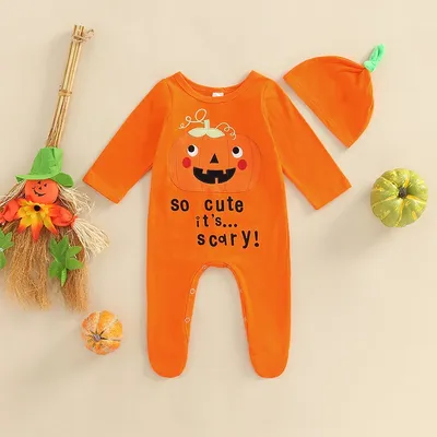 Infant s Halloween Pumpkin Print Long Sleeve Footed Jumpsuit with Matching Hat for a Spooky Cute