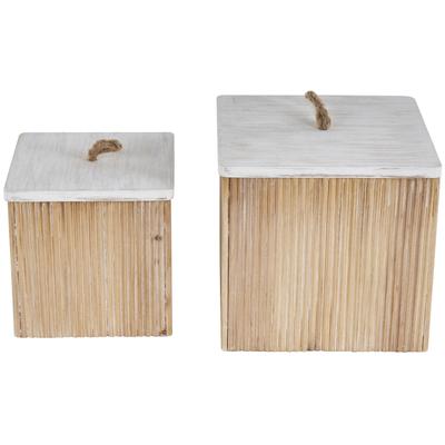 Wood Washed Ribbed Storage Decorative Box with White Lids and Rope Handles - Set of 2 Brown or Cream - Roche River Decor