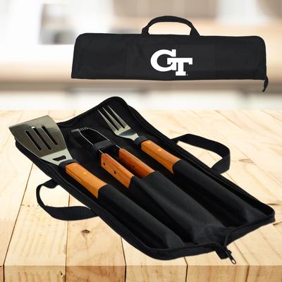 NCAA Georgia Tech Yellow Jackets 3 Piece BBQ Tool Set with Wood handles and Carry Case