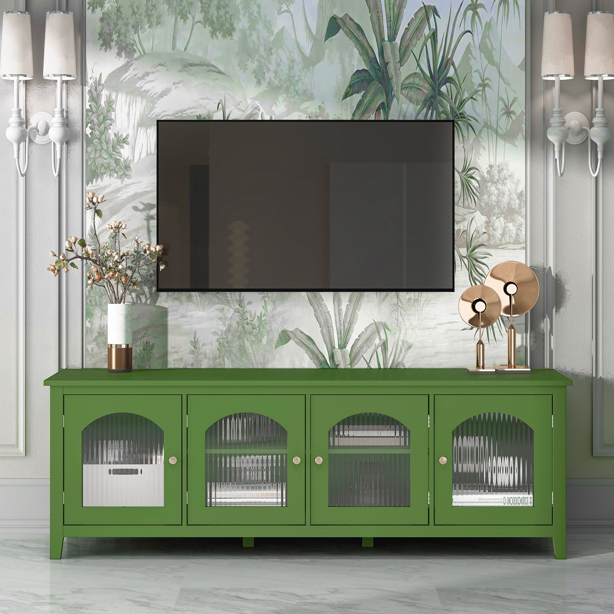 Retro Green Entertainment Center - 71" Solid Wood TV Console with Multi-Storage Space