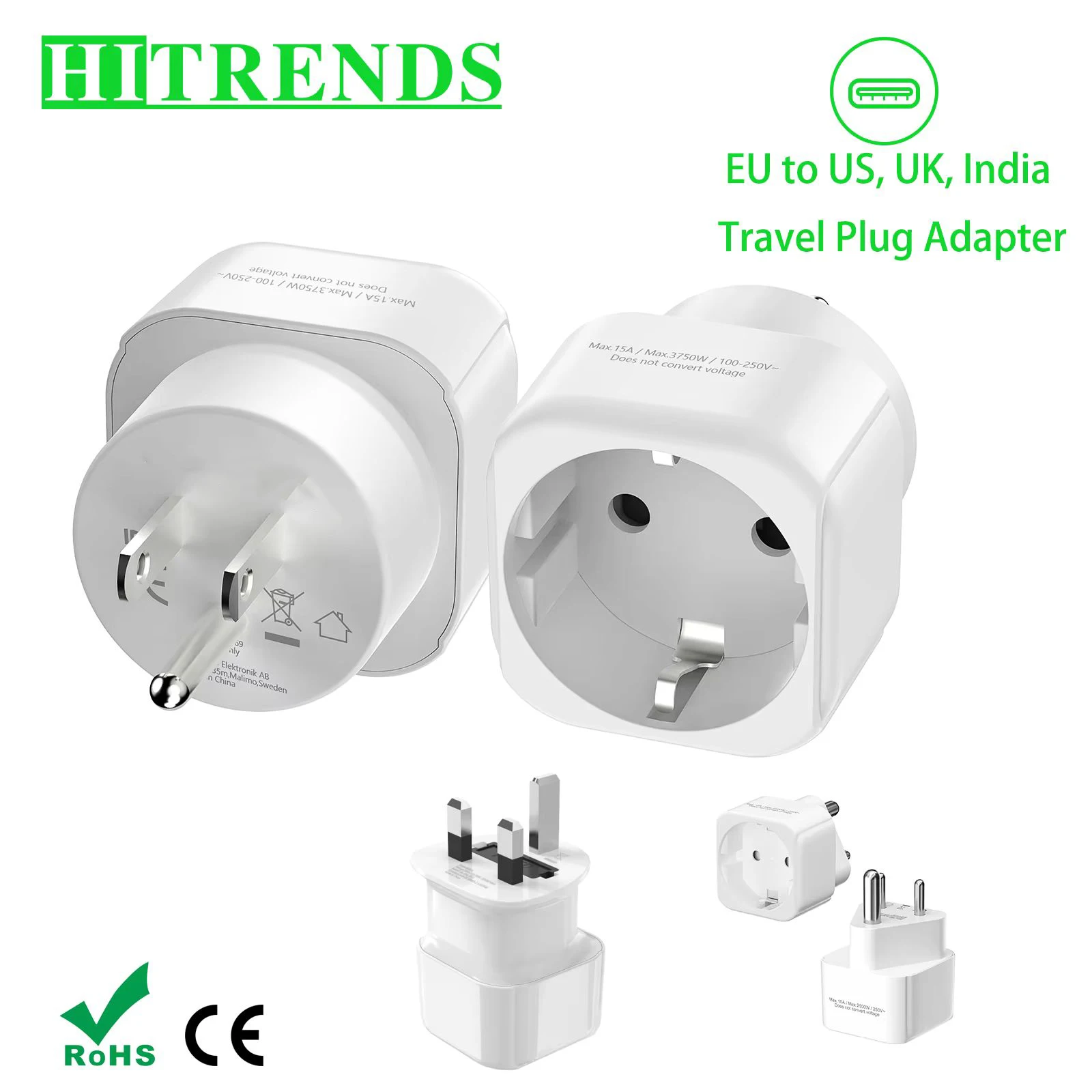 Confezione da 2 adattatori da europeo a USA, Regno Unito, India, svizzero, AU, Italia Adattatore da viaggio USA Canada Convertitore adattatore presa a muro UE a 2 pin