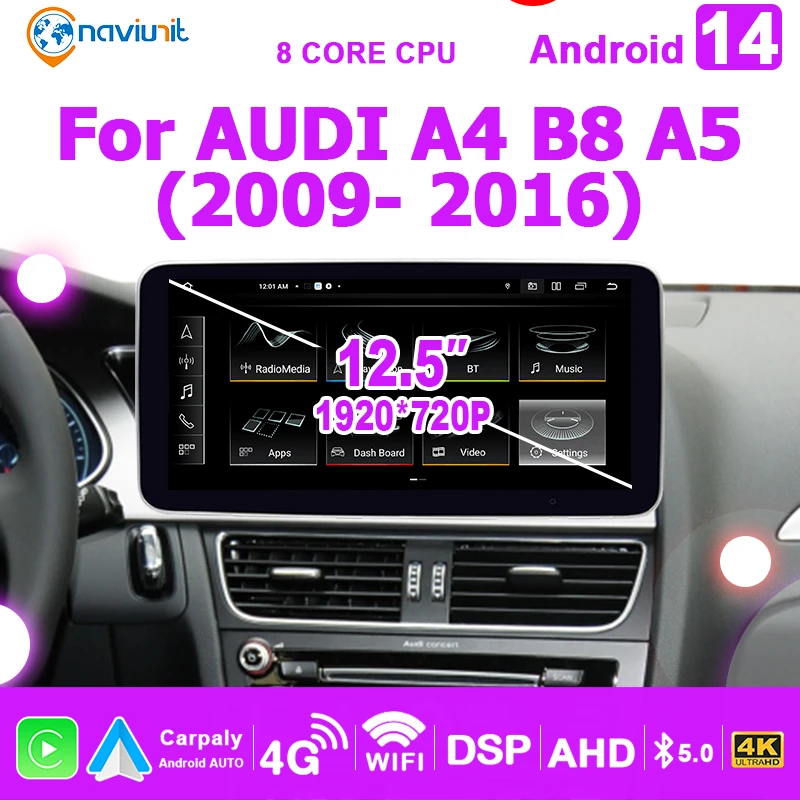 12.5 ''Wireless Carplay Bluetooth Android 14 Auto Stereo autoradio Per Audi A4 B8 A5 2009-2016 2 din Autoradio Multimedia 4G LTE