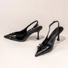 Modische spitze Zehen flachen Mund neue hochhackige Schuhe Sommer elegante Schnalle dekoriert Stiletto schwarze Damenschuhe