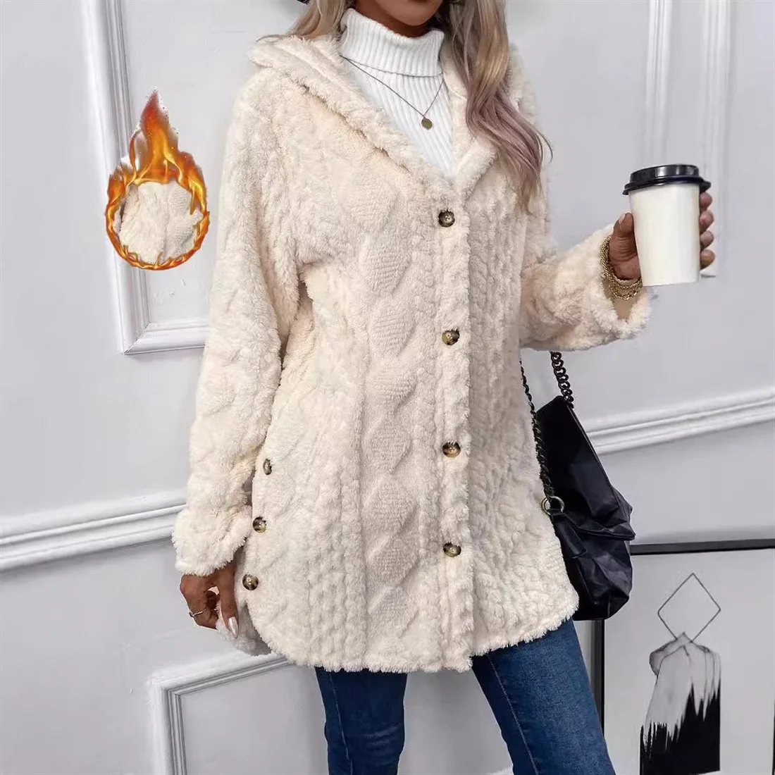 Frauen Strickjacke Hoodie Jacke Herbst Winter Argyle Strukturierte Muster Mit Kapuze Unregelmäßige Saum Tasten Fleece Übergroßen Oberbekleidung Mantel